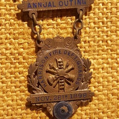 Framed Collection of Antique Fire Dept. Medals Patches, Pins, Harrisburg Shamokin PA Kentland
