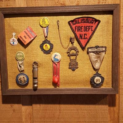 Framed Collection of Antique Fire Dept. Medals Patches, Pins, Harrisburg Shamokin PA Kentland