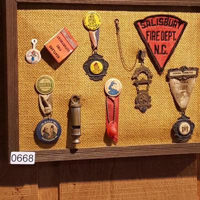 Framed Collection of Antique Fire Dept. Medals Patches, Pins,