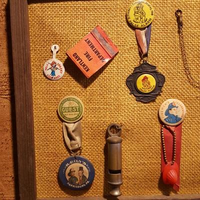 Framed Collection of Antique Fire Dept. Medals Patches, Pins, Harrisburg Shamokin PA Kentland
