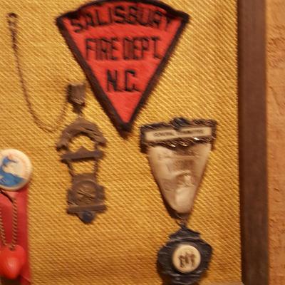 Framed Collection of Antique Fire Dept. Medals Patches, Pins, Harrisburg Shamokin PA Kentland