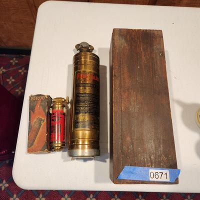 Lot of 3 Vintage Fire Extinguisher 1 with wooden box Presto Mini