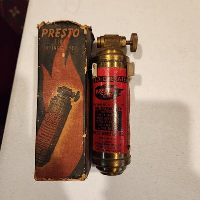 Lot of 3 Vintage Fire Extinguisher 1 with wooden box Presto Mini