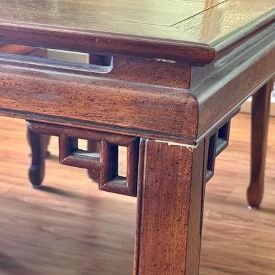 Sale Photo Thumbnail #8: Century Furniture fretwork dining table. Solid wood. Dimensions: 66”l x 44”w x 30”h (26”h under lip). Comes with two leaves that are 18”w. When both are in the table is 102”long. In very good/excellent condition with no known defects.