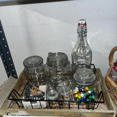 Sale Photo Thumbnail #29: Wicker baskets, glass jars, trays and other miscellaneous items