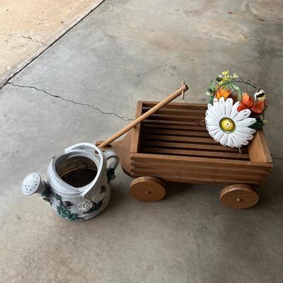 Sale Photo Thumbnail #69: Wooden wagon, watering can, metal flower basket décor