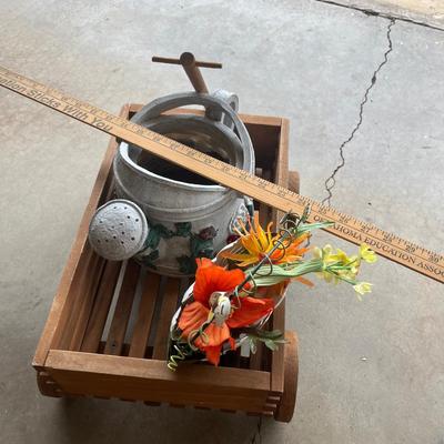 Sale Photo Thumbnail #72: Wooden wagon, watering can, metal flower basket décor