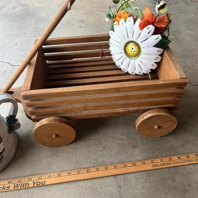 Sale Photo Thumbnail #71: Wooden wagon, watering can, metal flower basket décor