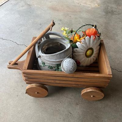 Sale Photo Thumbnail #68: Wooden wagon, watering can, metal flower basket décor
