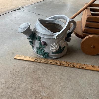 Sale Photo Thumbnail #70: Wooden wagon, watering can, metal flower basket décor
