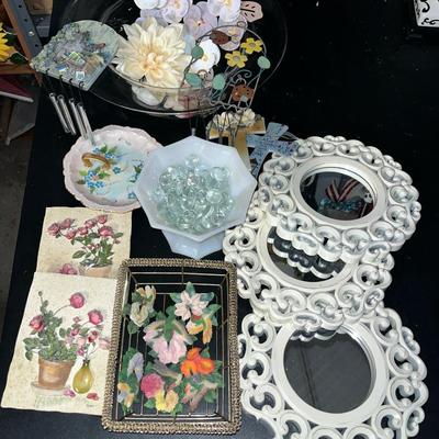 Sale Photo Thumbnail #79: Large glass bowl, metal flowers, mirrors, hummingbird magnets in metal basket, milk glass pedestal bowl, pretty dish, small windchimes and cross ornaments