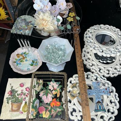 Sale Photo Thumbnail #83: Large glass bowl, metal flowers, mirrors, hummingbird magnets in metal basket, milk glass pedestal bowl, pretty dish, small windchimes and cross ornaments