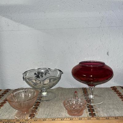 Sale Photo Thumbnail #96: 2 depression pink bowls, clear pedestal bowl with painted trim, burgundy pedestal bowl