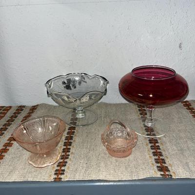 Sale Photo Thumbnail #95: 2 depression pink bowls, clear pedestal bowl with painted trim, burgundy pedestal bowl