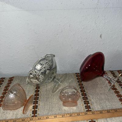Sale Photo Thumbnail #97: 2 depression pink bowls, clear pedestal bowl with painted trim, burgundy pedestal bowl