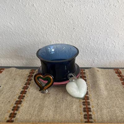 Sale Photo Thumbnail #121: Blown glass purple bowl with 2 blown glass hearts