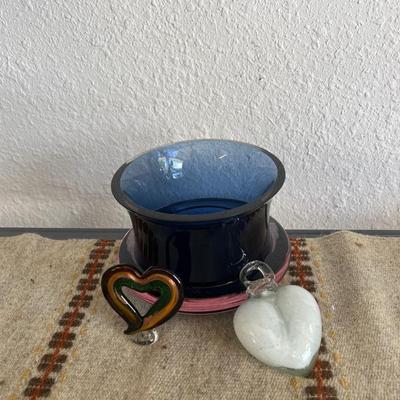 Sale Photo Thumbnail #120: Blown glass purple bowl with 2 blown glass hearts