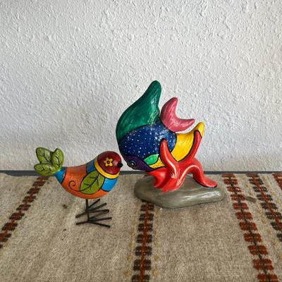 Sale Photo Thumbnail #124: Hand-painted wooden bird and ceramic fish