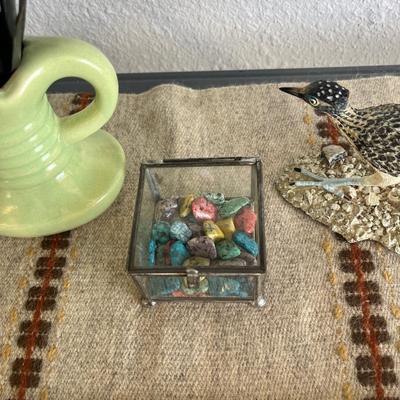 Sale Photo Thumbnail #128: Small pottery, bird figurine, glass box with gemstones
