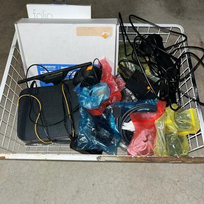 Sale Photo Thumbnail #151: Large metal basket with routers, cables and more