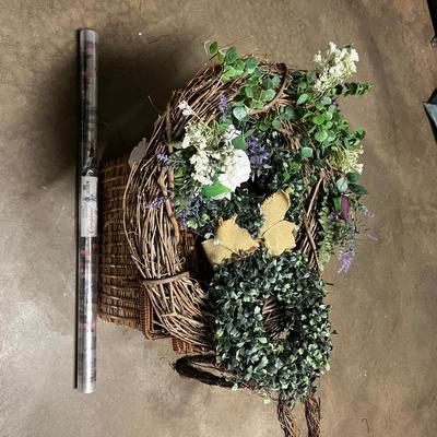 Sale Photo Thumbnail #158: Wicker picnic basket with misc décor, candle holder, wreaths and other floral, wrapping paper