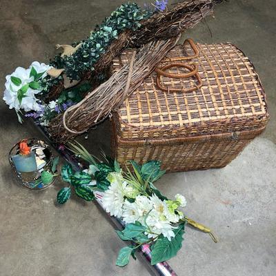 Sale Photo Thumbnail #156: Wicker picnic basket with misc décor, candle holder, wreaths and other floral, wrapping paper
