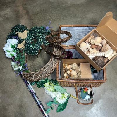 Sale Photo Thumbnail #157: Wicker picnic basket with misc décor, candle holder, wreaths and other floral, wrapping paper