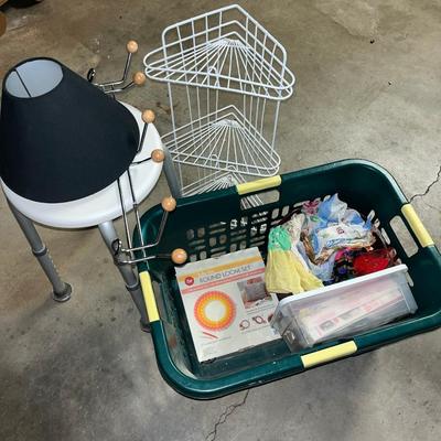 Sale Photo Thumbnail #159: Laundry basket, shower seat and caddy, lamp shade, crochet items, handmade aprons and handkerchiefs