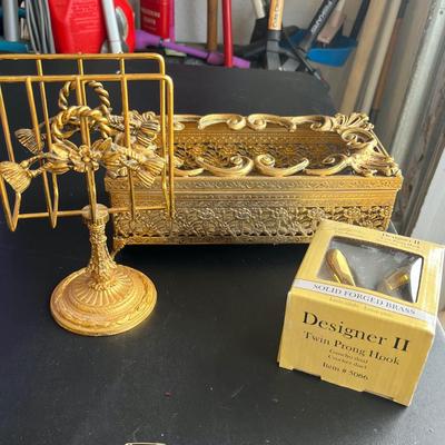 Sale Photo Thumbnail #269: Gold ornate napkin and tissue box holder, brass bathroom hook