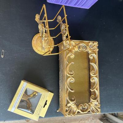 Sale Photo Thumbnail #270: Gold ornate napkin and tissue box holder, brass bathroom hook
