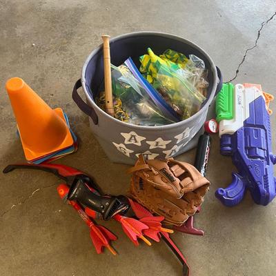 Sale Photo Thumbnail #281: Easy to carry sports tote with cones, dart crossbow, glove and other toys