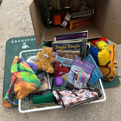 Sale Photo Thumbnail #283: Large metal basket full of misc toys, a ninja turtle beach towel, Minecraft blanket, box of old firetrucks and vintage chalkboard