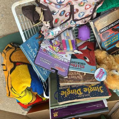 Sale Photo Thumbnail #285: Large metal basket full of misc toys, a ninja turtle beach towel, Minecraft blanket, box of old firetrucks and vintage chalkboard
