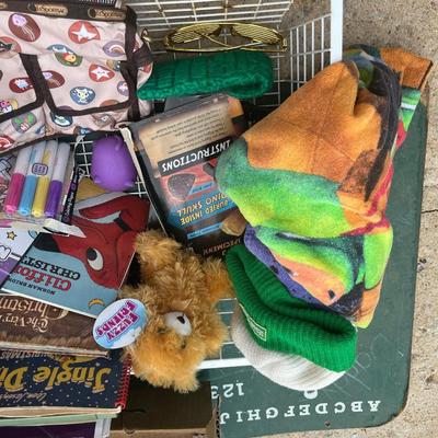 Sale Photo Thumbnail #284: Large metal basket full of misc toys, a ninja turtle beach towel, Minecraft blanket, box of old firetrucks and vintage chalkboard