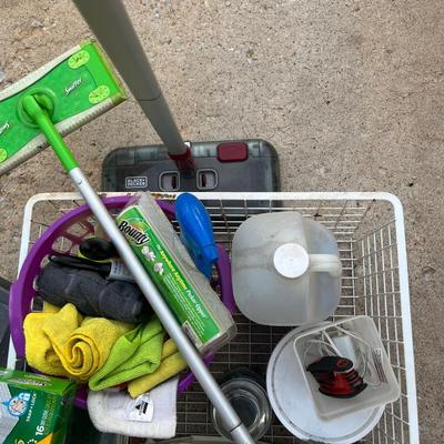 Sale Photo Thumbnail #295: Large metal basket full of cleaning supplies, Bissel Steam&Sweep, Swiffer with box of refills, microfiber towels and other cleaning items