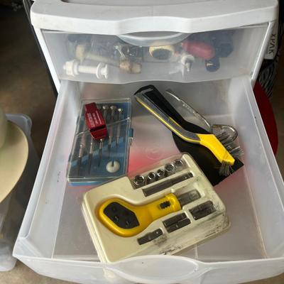 Sale Photo Thumbnail #308: Small 3 drawer storage container full of misc hardware and small tools