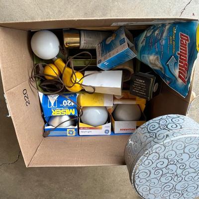 Sale Photo Thumbnail #313: All kinds of light bulbs, cleaning container with paint brushes, tin box and more