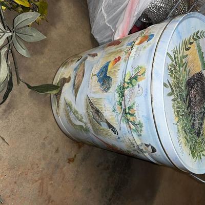 Sale Photo Thumbnail #338: Large tin can with all the state birds, bag of sunflowers and other fall floral and a couple wreaths