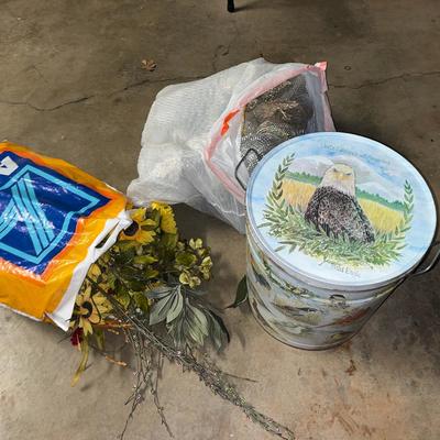 Sale Photo Thumbnail #336: Large tin can with all the state birds, bag of sunflowers and other fall floral and a couple wreaths