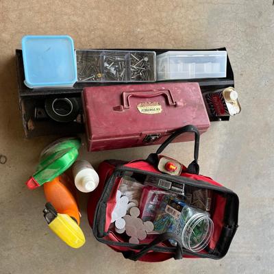 Sale Photo Thumbnail #344: Tool bag, plastic box, and metal tray full of misc hardware and tools
