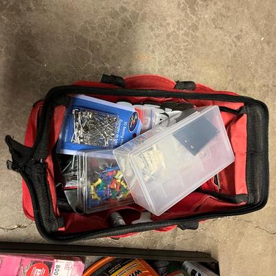 Sale Photo Thumbnail #341: Tool bag, plastic box, and metal tray full of misc hardware and tools