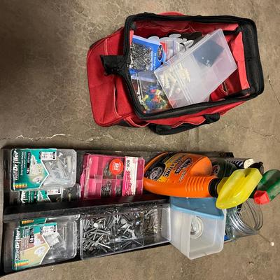 Sale Photo Thumbnail #340: Tool bag, plastic box, and metal tray full of misc hardware and tools