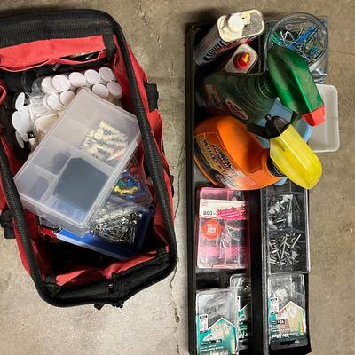 Sale Photo Thumbnail #342: Tool bag, plastic box, and metal tray full of misc hardware and tools