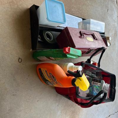 Sale Photo Thumbnail #343: Tool bag, plastic box, and metal tray full of misc hardware and tools