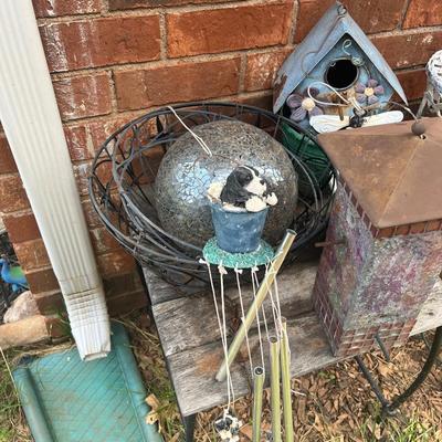 Sale Photo Thumbnail #385: Bird house, bird feeder, iron basket, windchime, gazing ball (that's seen better days but still pretty) and couple of small pots