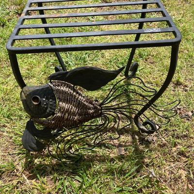 Sale Photo Thumbnail #400: Wrought iron small table and metal fish décor - see pics for measurements