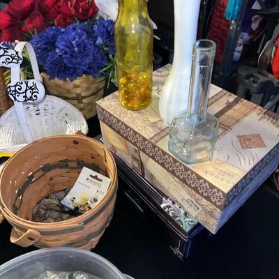 Sale Photo Thumbnail #458: Basket planters, rose rocks, Longaberger basket, floral, magnets, fruit glass bowl, memory boxes and more