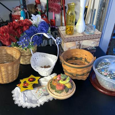 Sale Photo Thumbnail #455: Basket planters, rose rocks, Longaberger basket, floral, magnets, fruit glass bowl, memory boxes and more