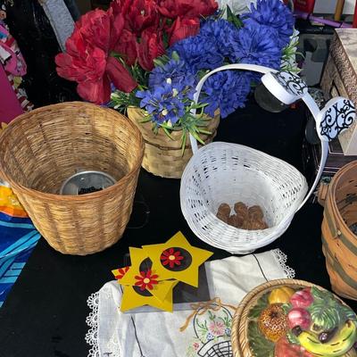 Sale Photo Thumbnail #456: Basket planters, rose rocks, Longaberger basket, floral, magnets, fruit glass bowl, memory boxes and more