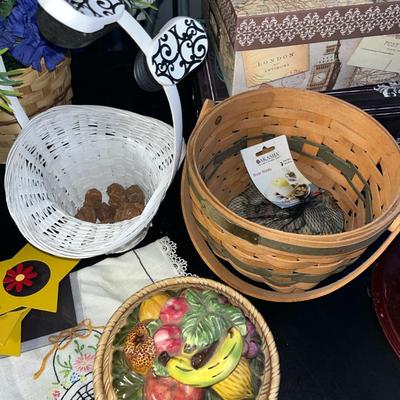 Sale Photo Thumbnail #457: Basket planters, rose rocks, Longaberger basket, floral, magnets, fruit glass bowl, memory boxes and more